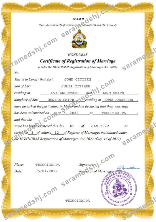 Honduras marriage certificate Word and PDF template